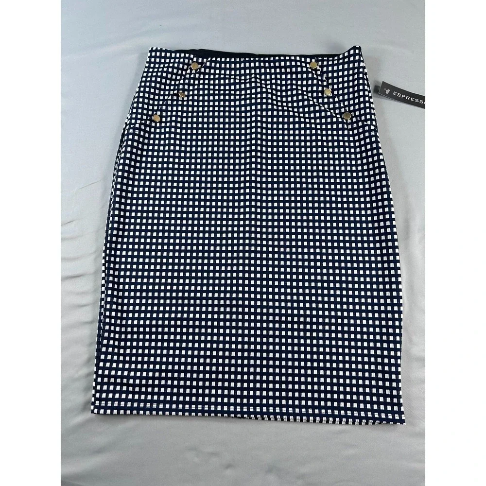 Espresso‎ Womens Skirt XL Blue White Check Pencil Stretch Chic Preppy